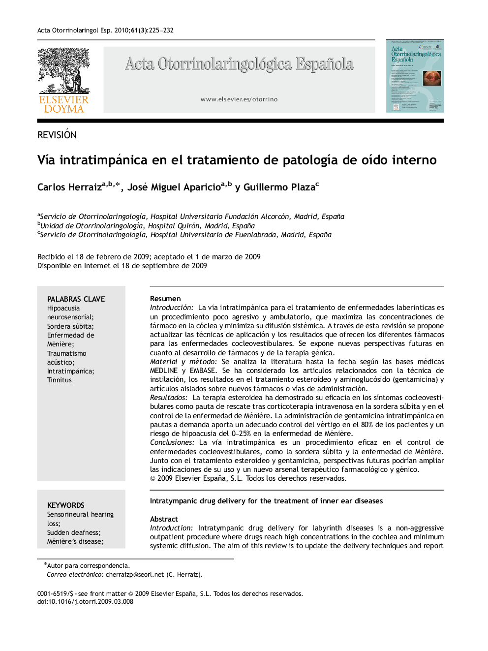 VÃ­a intratimpánica en el tratamiento de patologÃ­a de oÃ­do interno