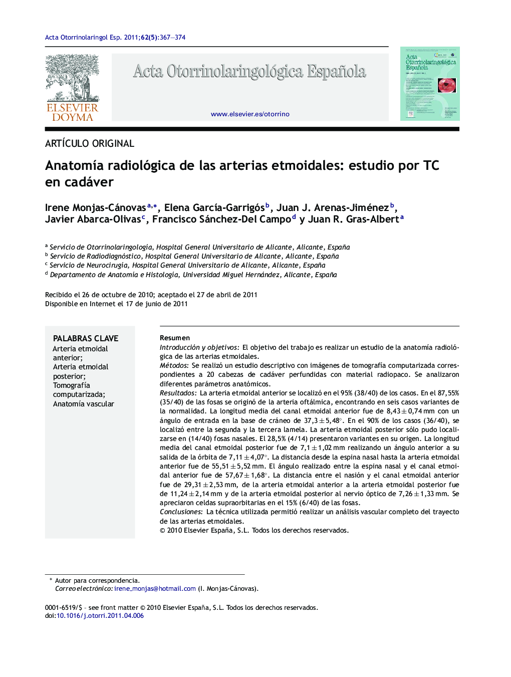 AnatomÃ­a radiológica de las arterias etmoidales: estudio por TC en cadáver