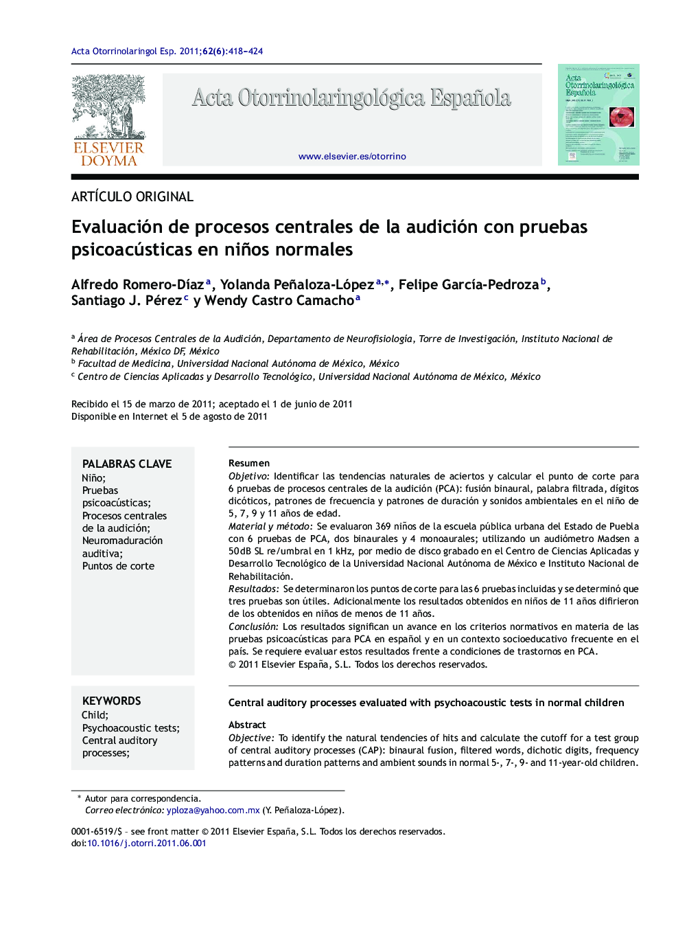 Evaluación de procesos centrales de la audición con pruebas psicoacústicas en niños normales