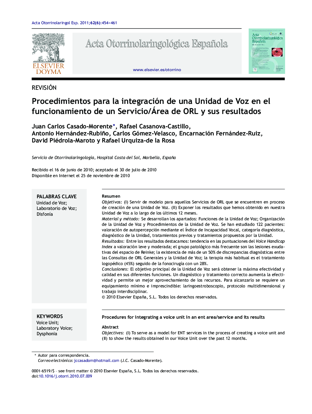 Procedimientos para la integración de una Unidad de Voz en el funcionamiento de un Servicio/Área de ORL y sus resultados