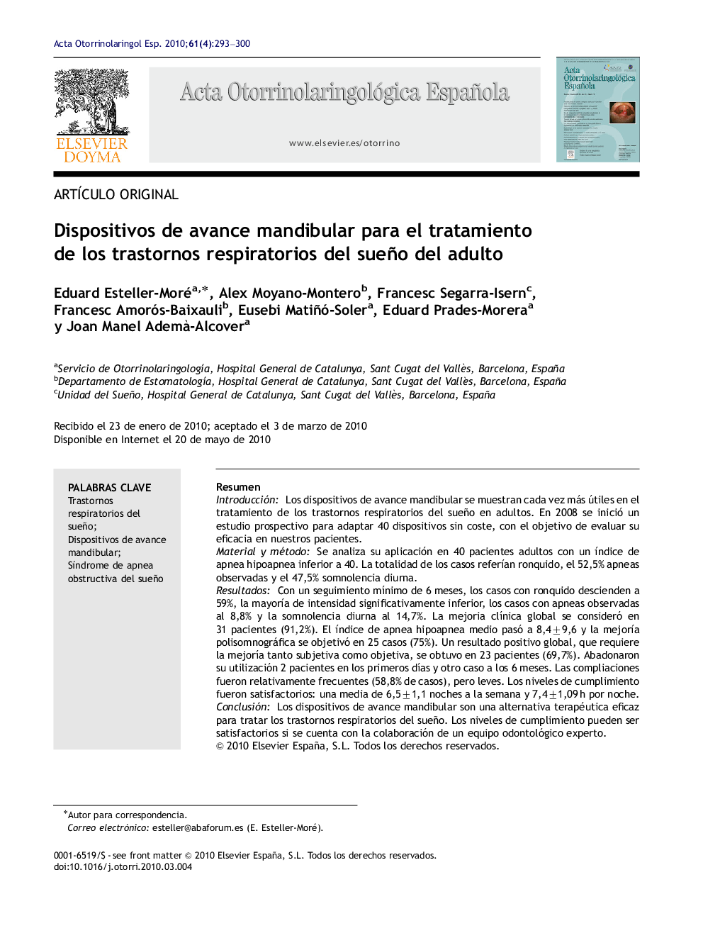 Dispositivos de avance mandibular para el tratamiento de los trastornos respiratorios del sueño del adulto