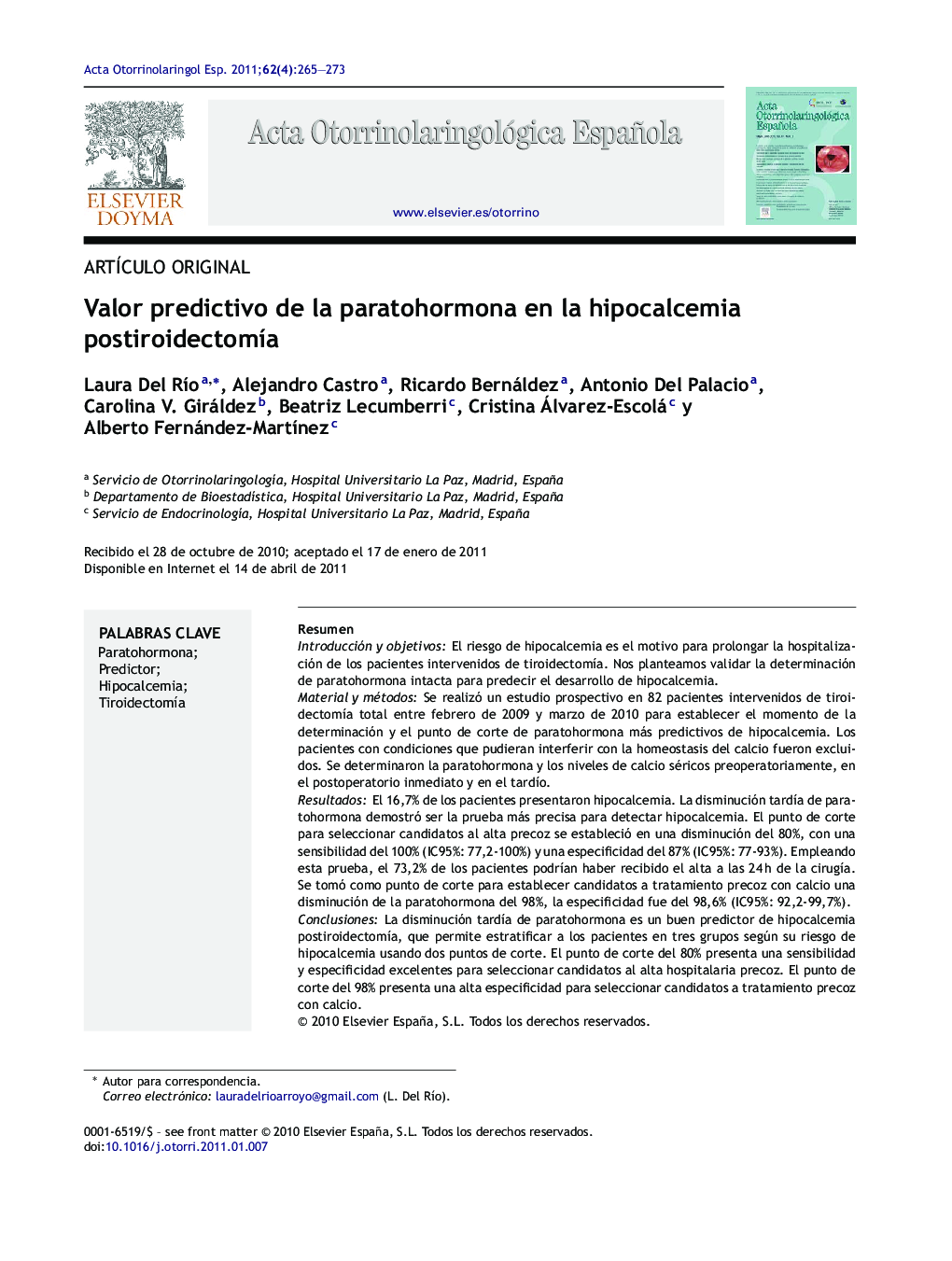 Valor predictivo de la paratohormona en la hipocalcemia postiroidectomía