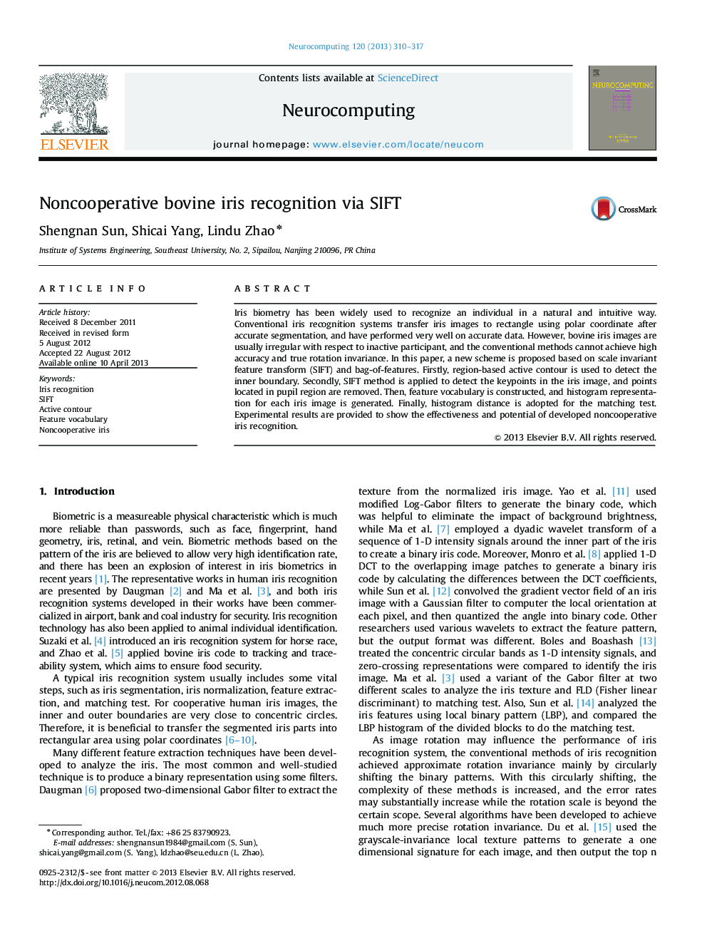 Noncooperative bovine iris recognition via SIFT