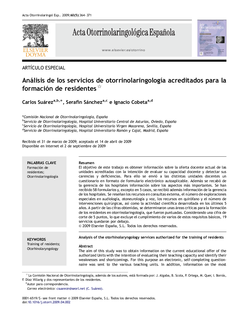 Análisis de los servicios de otorrinolaringología acreditados para la formación de residentes 
