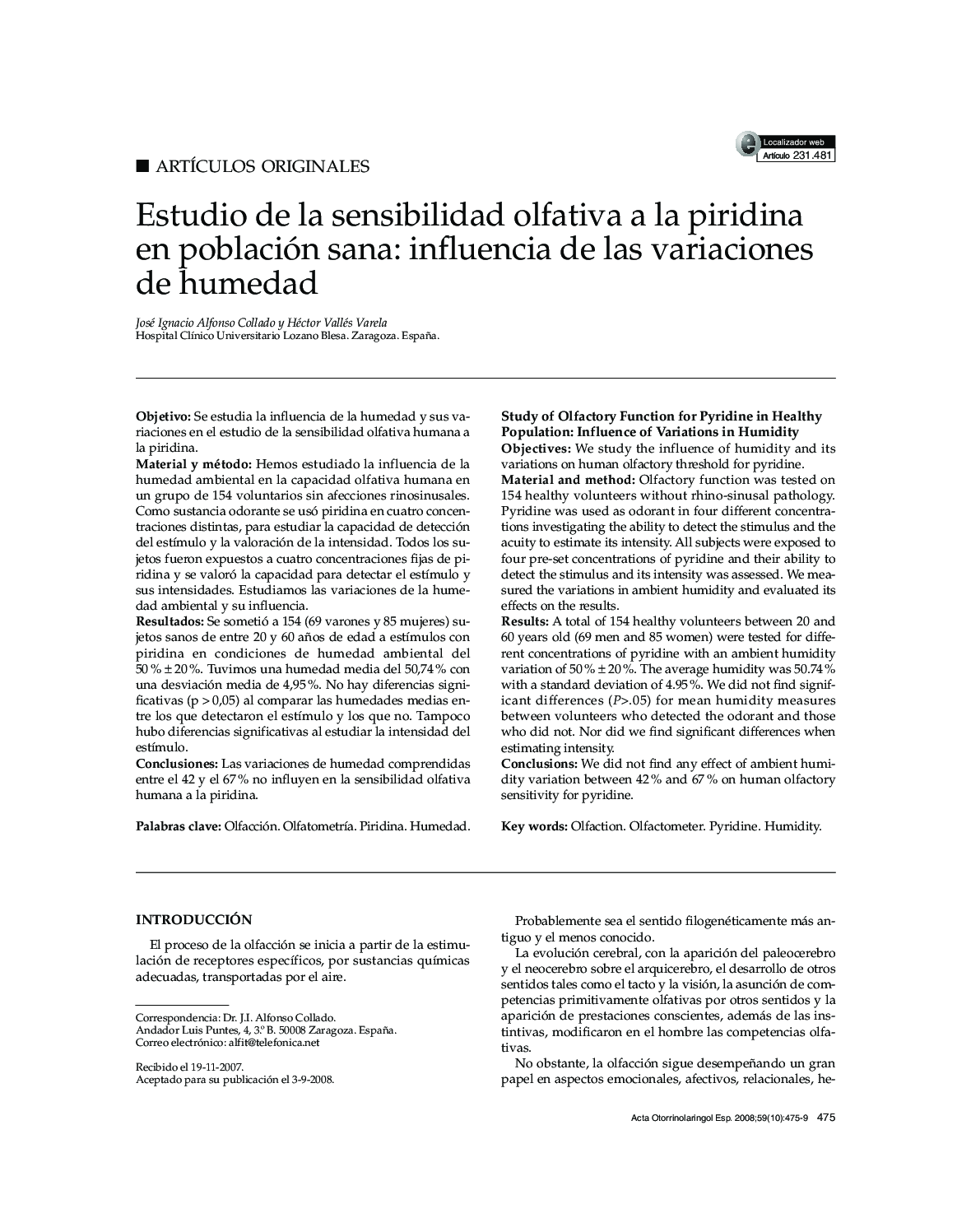 Estudio de la sensibilidad olfativa a la piridina en población sana