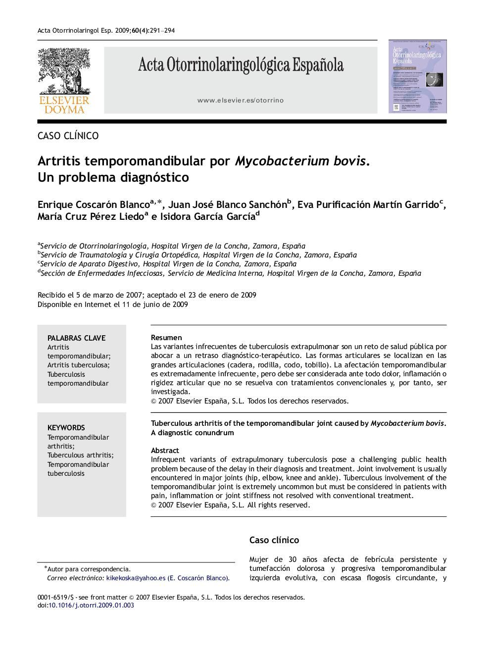 Artritis temporomandibular por Mycobacterium bovis. Un problema diagnóstico