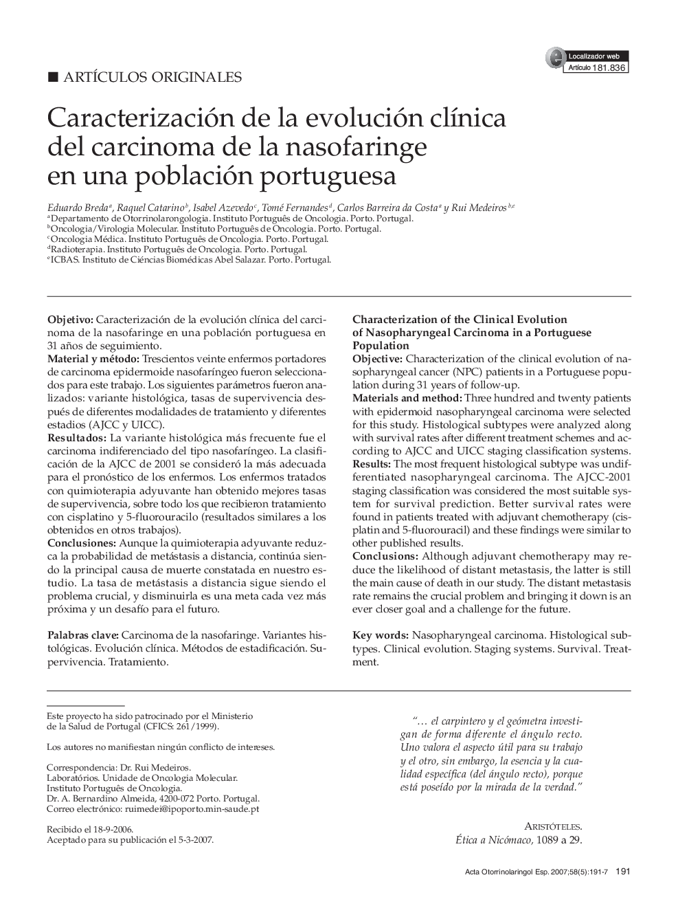 Caracterización de la evolución clínica del carcinoma de la nasofaringe en una población portuguesa 