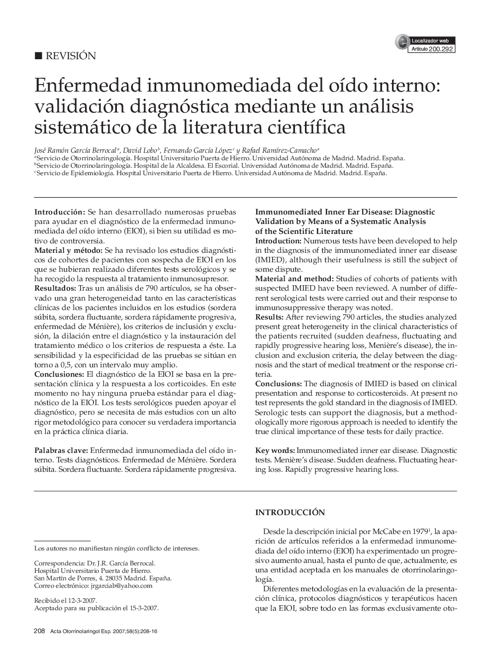 Enfermedad inmunomediada del oído interno: validación diagnóstica mediante un análisis sistemático de la literatura científica 