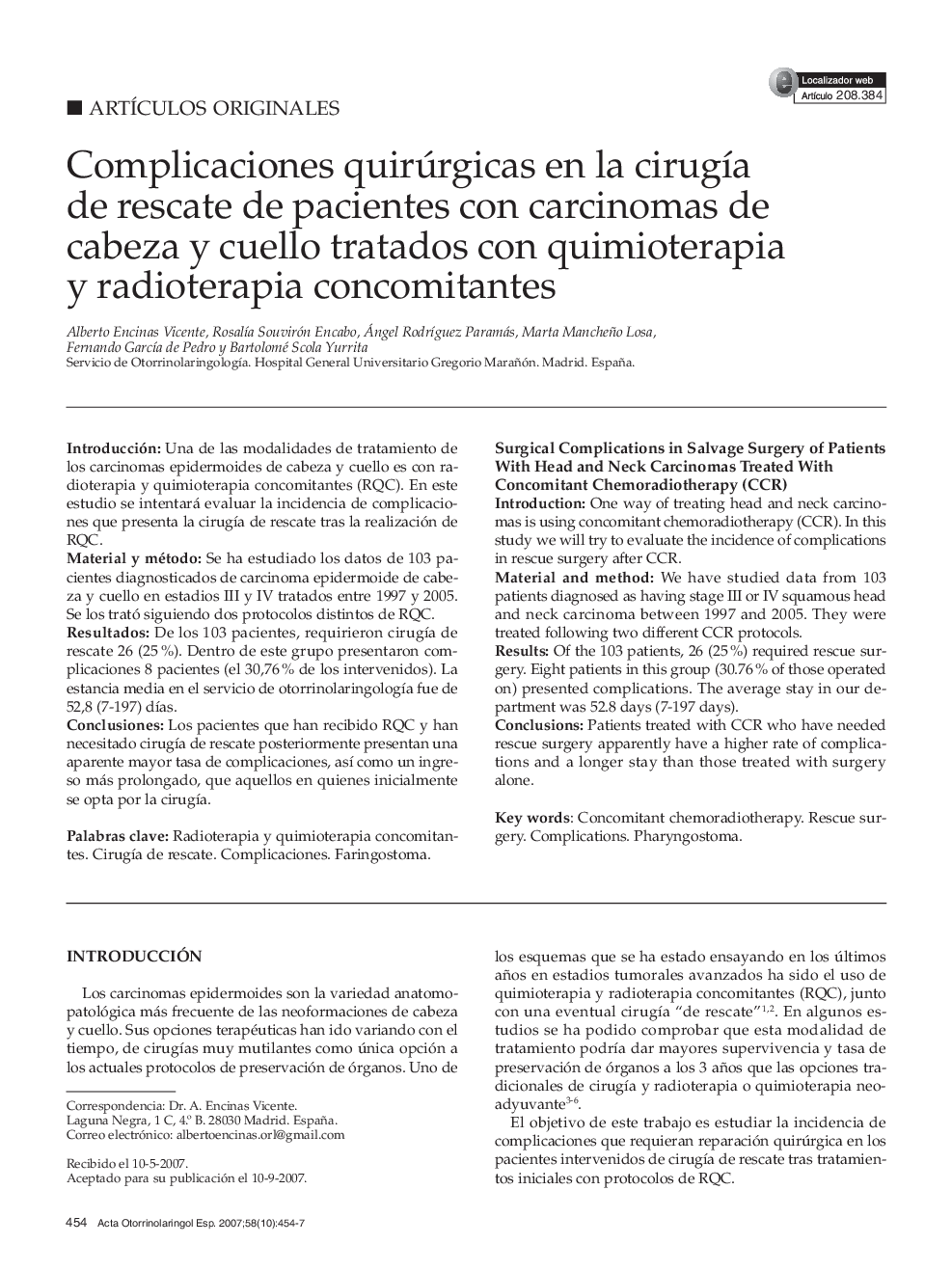 Complicaciones quirúrgicas en la cirugía de rescate de pacientes con carcinomas de cabeza y cuello tratados con quimioterapia y radioterapia concomitantes
