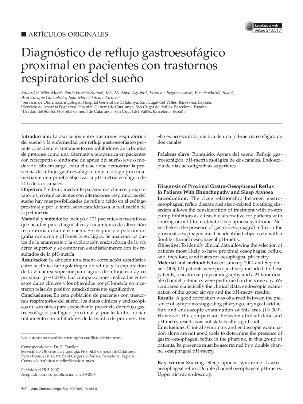 Diagnóstico de reflujo gastroesofágico proximal en pacientes con trastornos respiratorios del sueño 