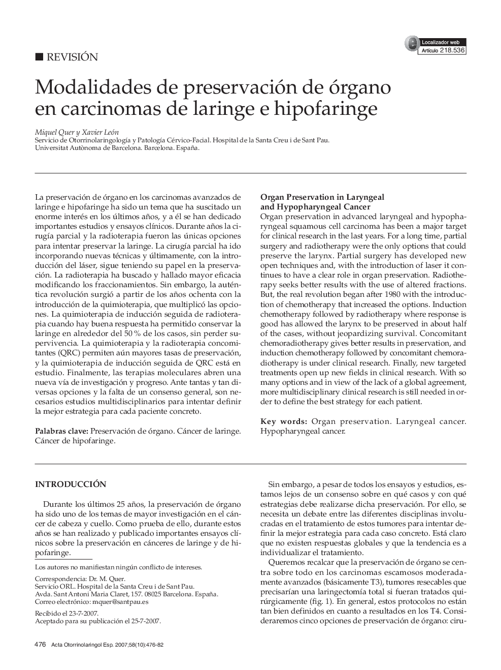 عکس صفحه اول مقاله: Modalidades de preservación de órgano en carcinomas de laringe e hipofaringe Modalidades de preservación de órgano en carcinomas de laringe e hipofaringe