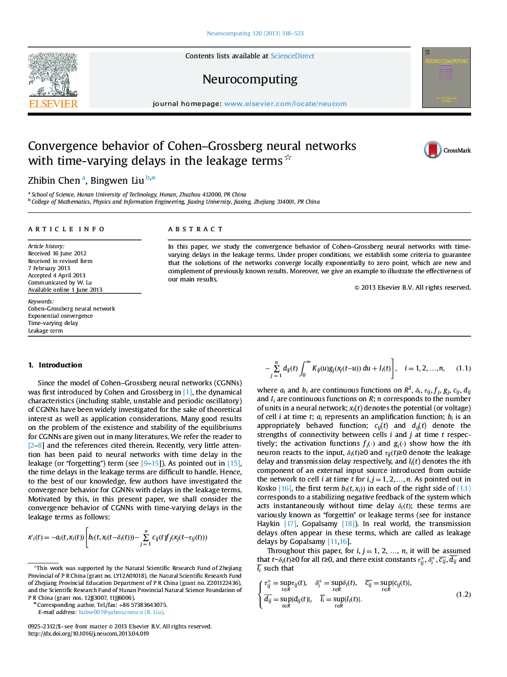 Convergence behavior of Cohen–Grossberg neural networks with time-varying delays in the leakage terms 