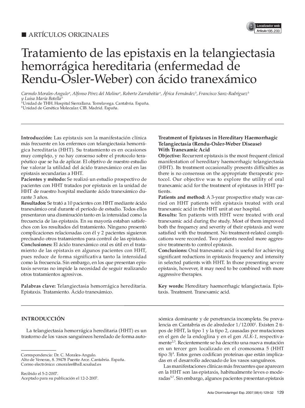 Tratamiento de las epistaxis en la telangiectasia hemorrágica hereditaria (enfermedad de Rendu-Osler-Weber) con ácido tranexámico