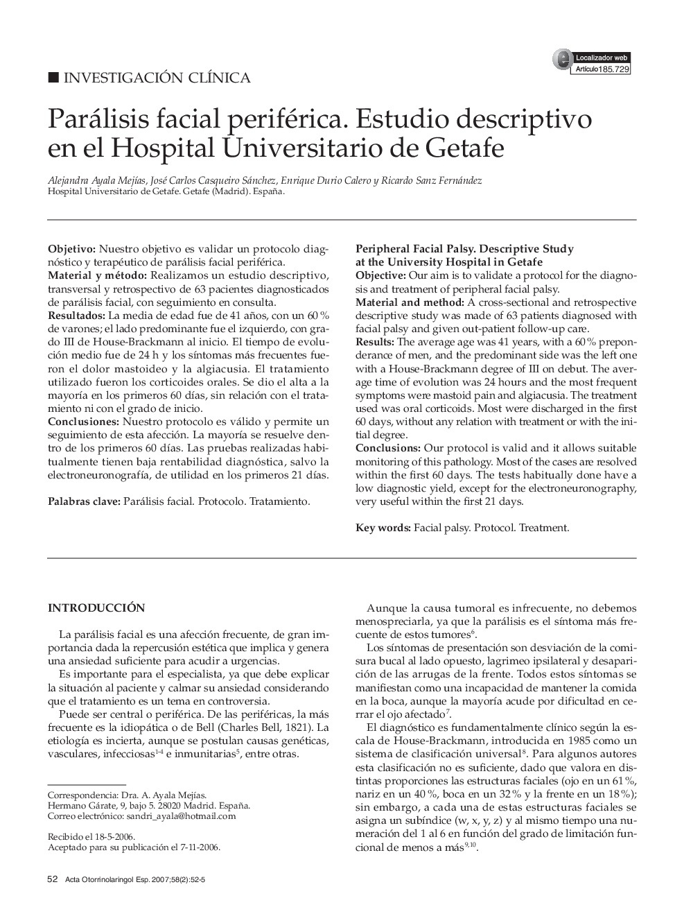 Parálisis facial periférica. Estudio descriptivo en el Hospital Universitario de Getafe