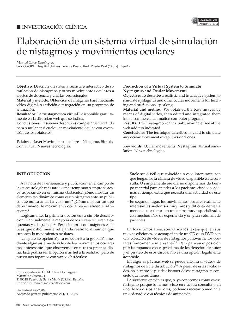 Elaboración de un sistema virtual de simulación de nistagmos y movimientos oculares