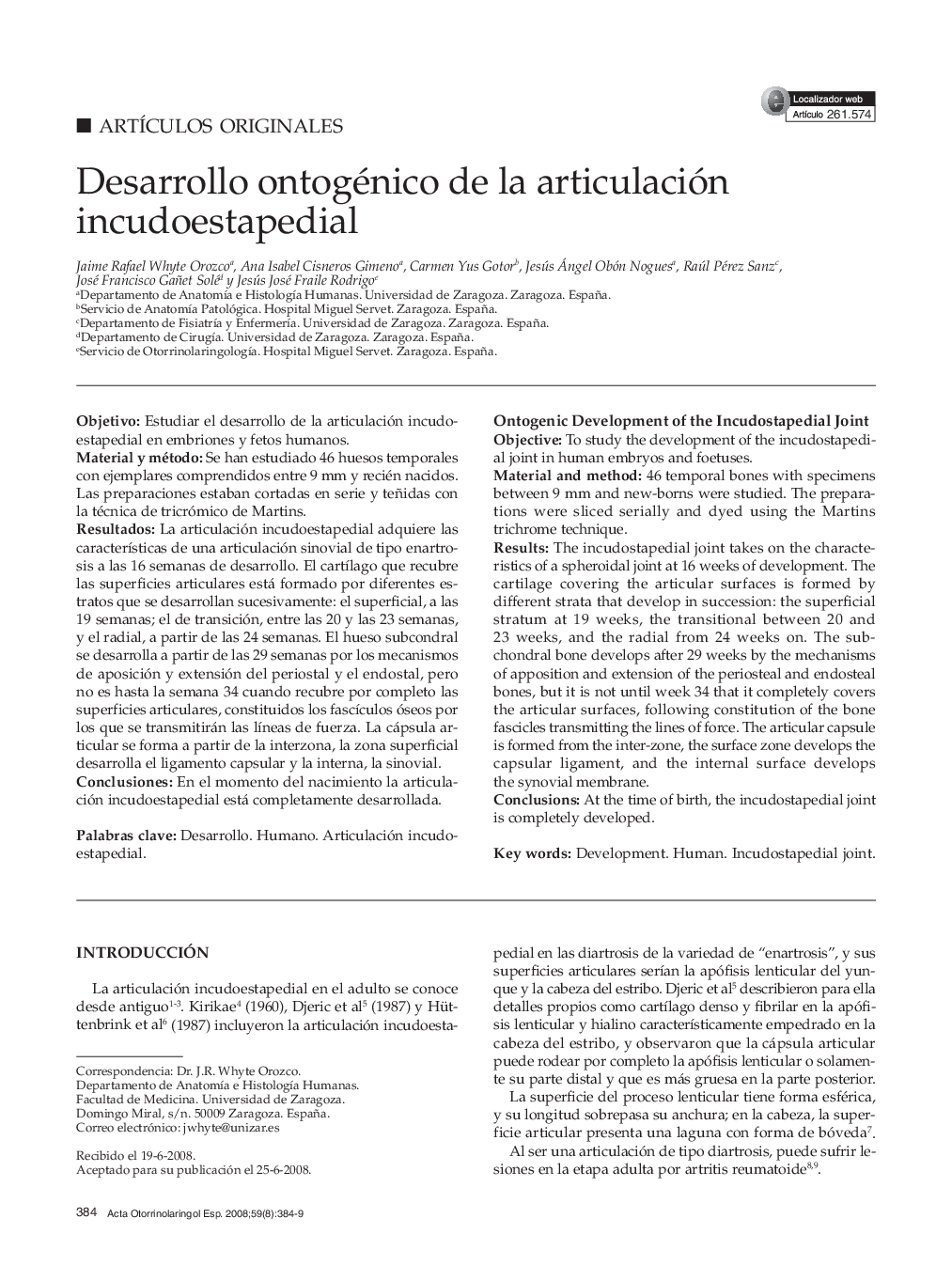 Desarrollo ontogénico de la articulación incudoestapedial