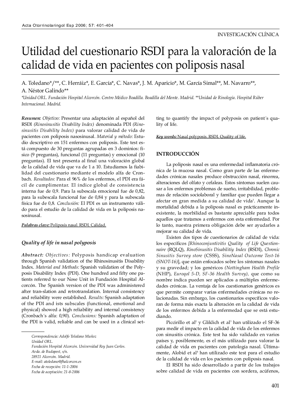 Utilidad del cuestionario RSDI para la valoración de la calidad de vida en pacientes con poliposis nasal