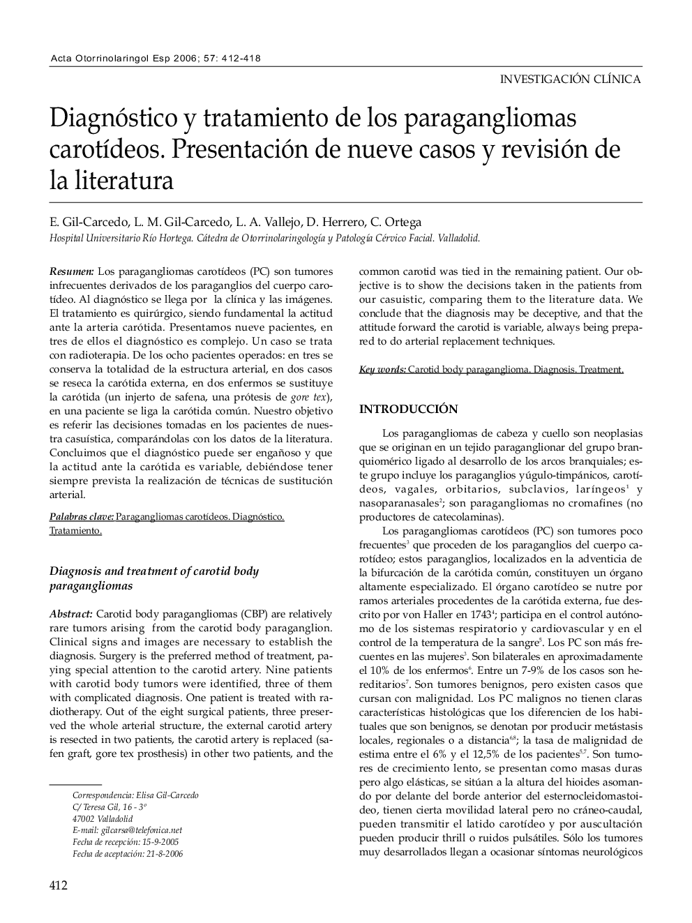 Diagnóstico y tratamiento de los paragangliomas carotídeos. Presentación de nueve casos y revisión de la literatura