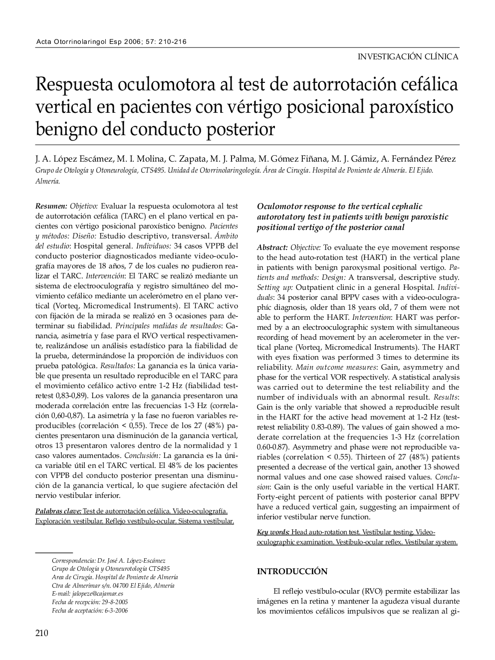 Respuesta oculomotora al test de autorrotación cefálica vertical en pacientes con vértigo posicional paroxístico benigno del conducto posterior