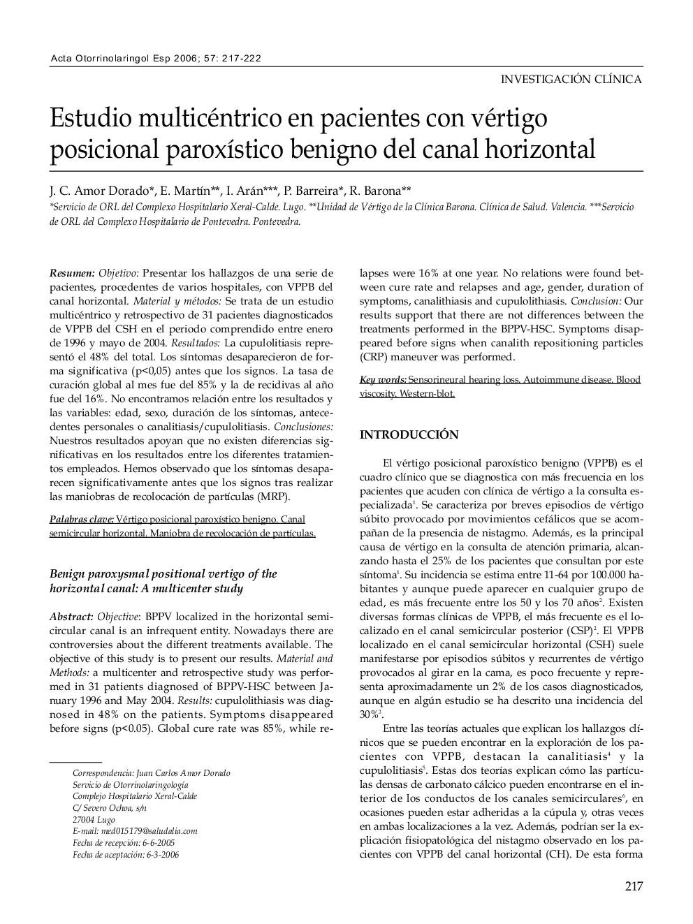 Estudio multicéntrico en pacientes con vertigo posicional paroxístico benigno del canal horizontal