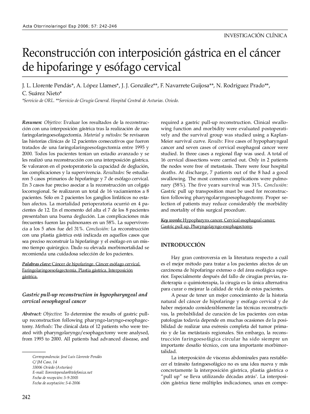 Reconstrucción con interposición gástrica en el cáncer de hipofaringe y esófago cervical