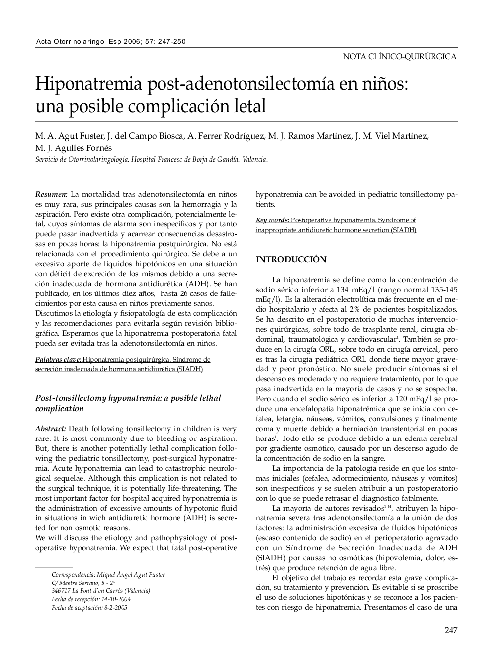 Hiponatremia post-adenotonsilectomía en niños: una posible complicación letal