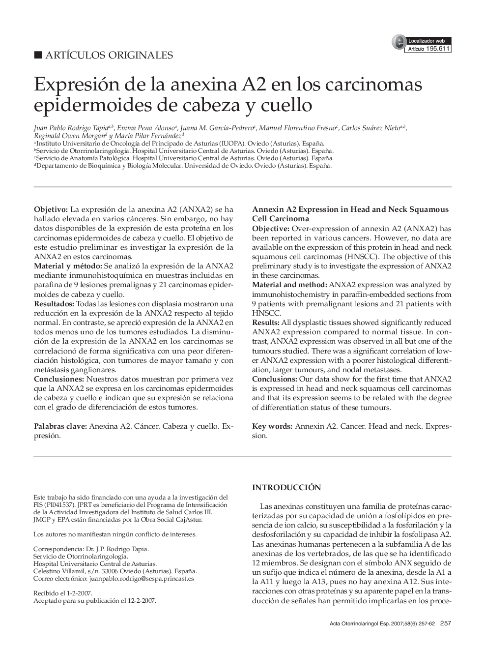 Expresión de la anexina A2 en los carcinomas epidermoides de cabeza y cuello 