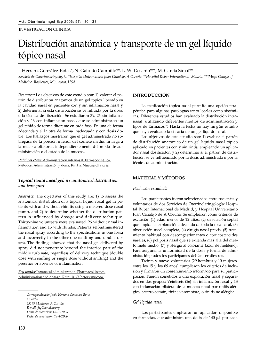 Distribución anatómica y transporte de un gel líquido tópico nasal