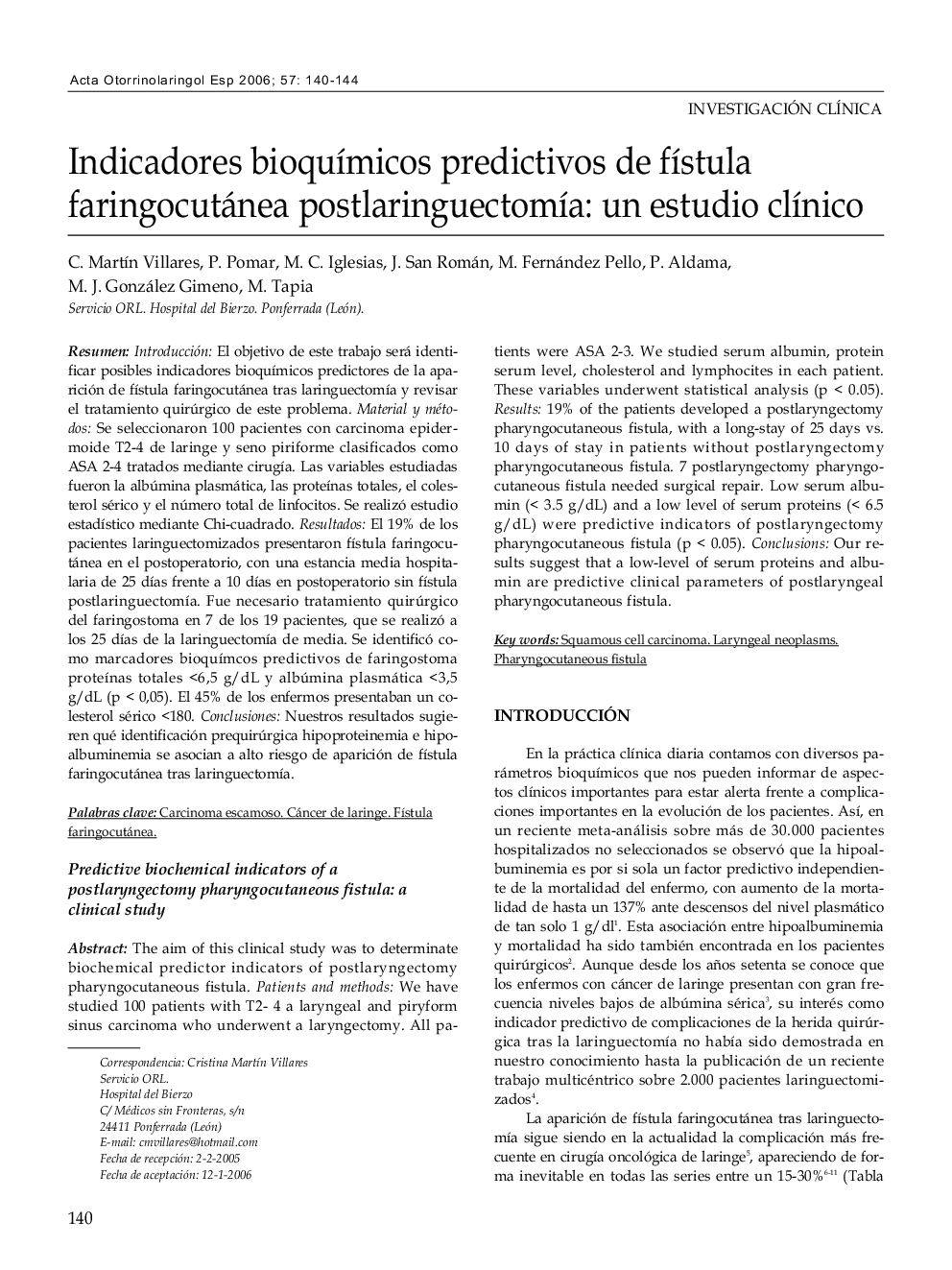 Indicadores bioquímicos predictivos de fístula faringocutánea postlaringuectomía: un estudio clínico