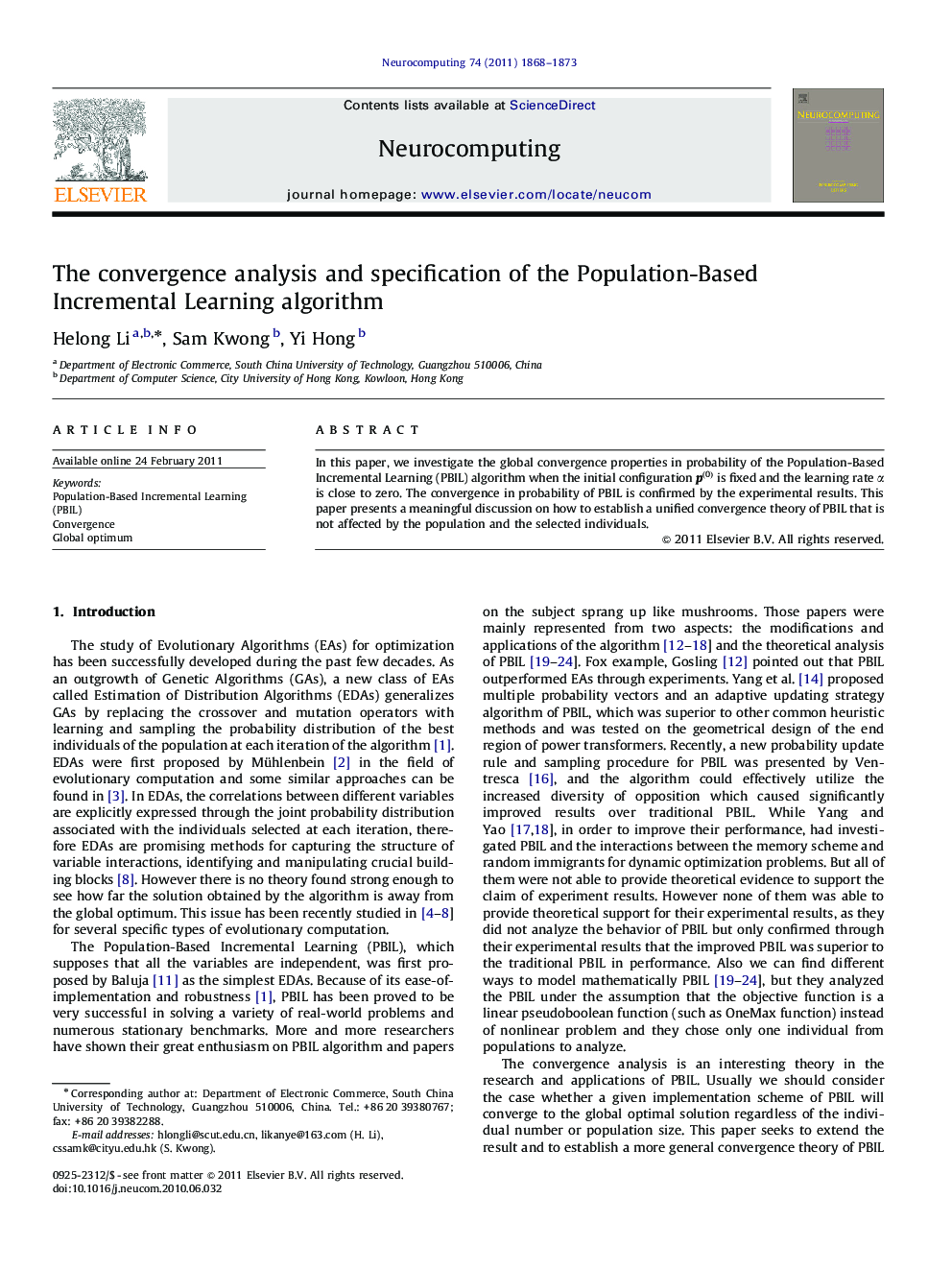 The convergence analysis and specification of the Population-Based Incremental Learning algorithm