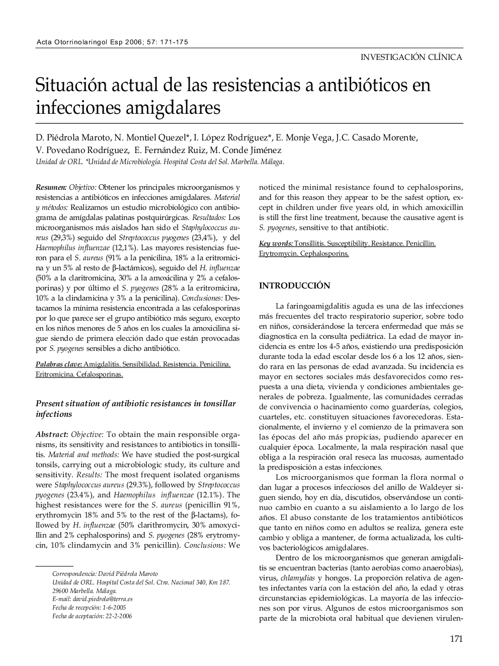 Situación actual de las resistencias a antibióticos en infecciones amigdalares
