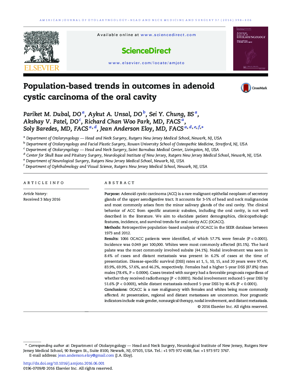 Population-based trends in outcomes in adenoid cystic carcinoma of the oral cavity