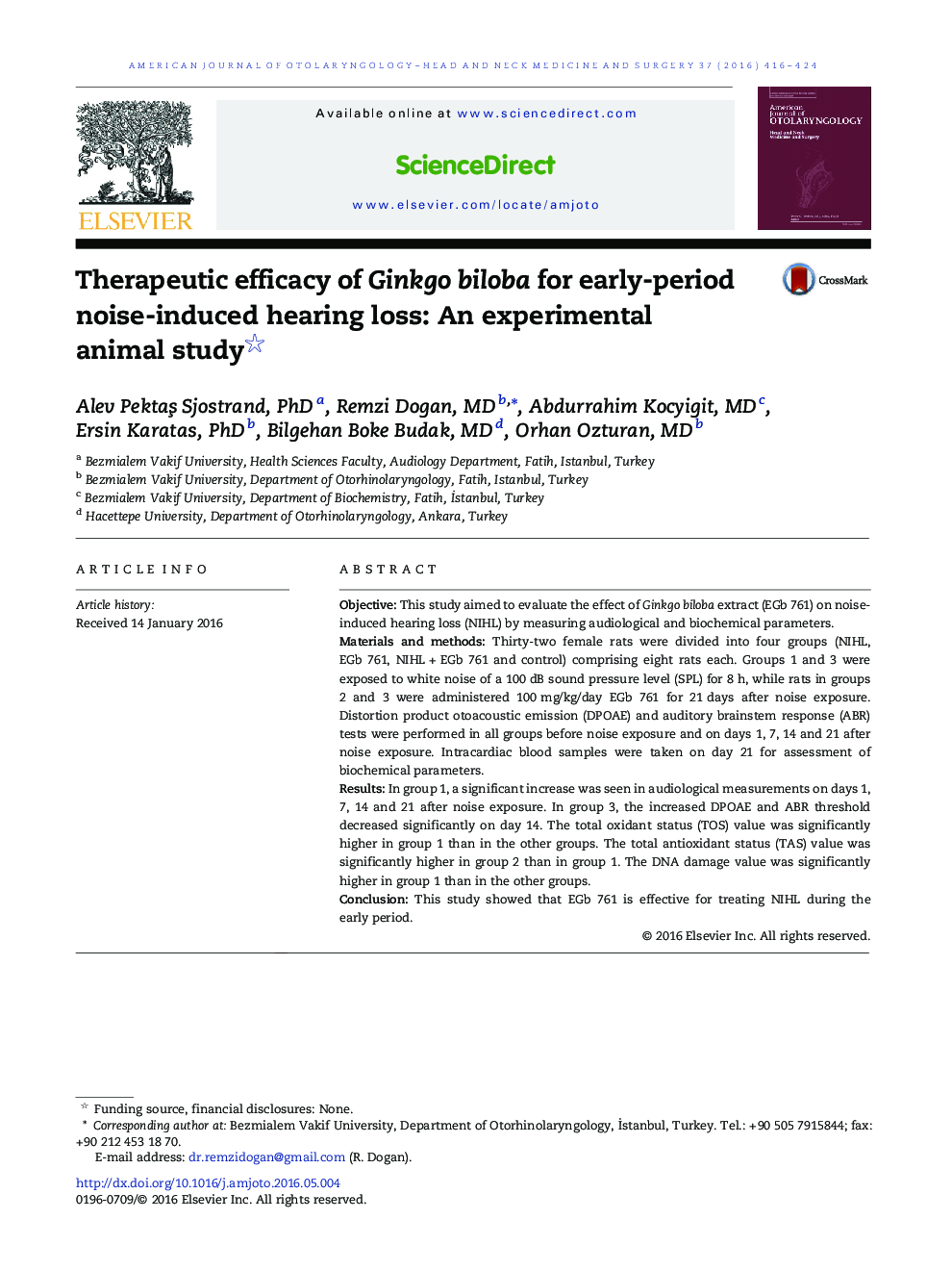 Therapeutic efficacy of Ginkgo biloba for early-period noise-induced hearing loss: An experimental animal study 