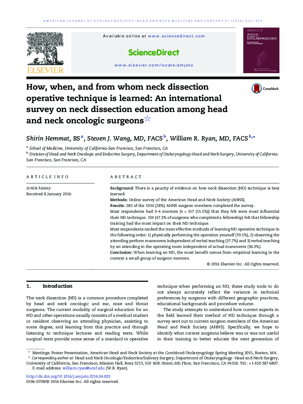 How, when, and from whom neck dissection operative technique is learned: An international survey on neck dissection education among head and neck oncologic surgeons 