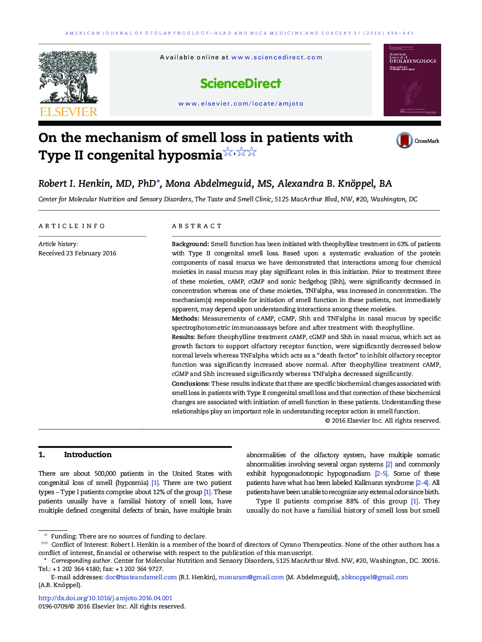 On the mechanism of smell loss in patients with Type II congenital hyposmia 