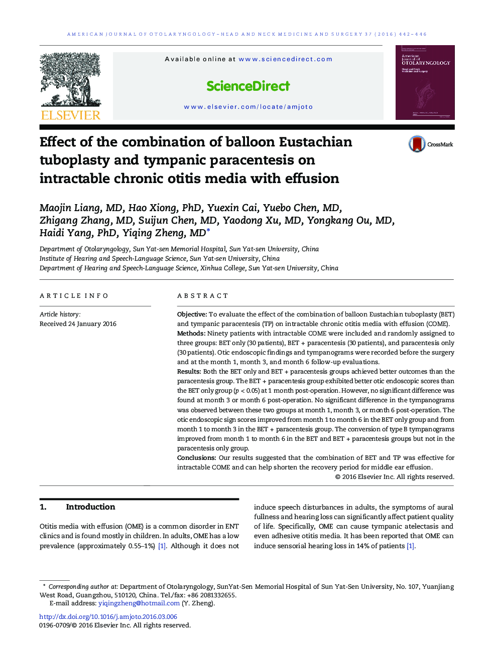 Effect of the combination of balloon Eustachian tuboplasty and tympanic paracentesis on intractable chronic otitis media with effusion