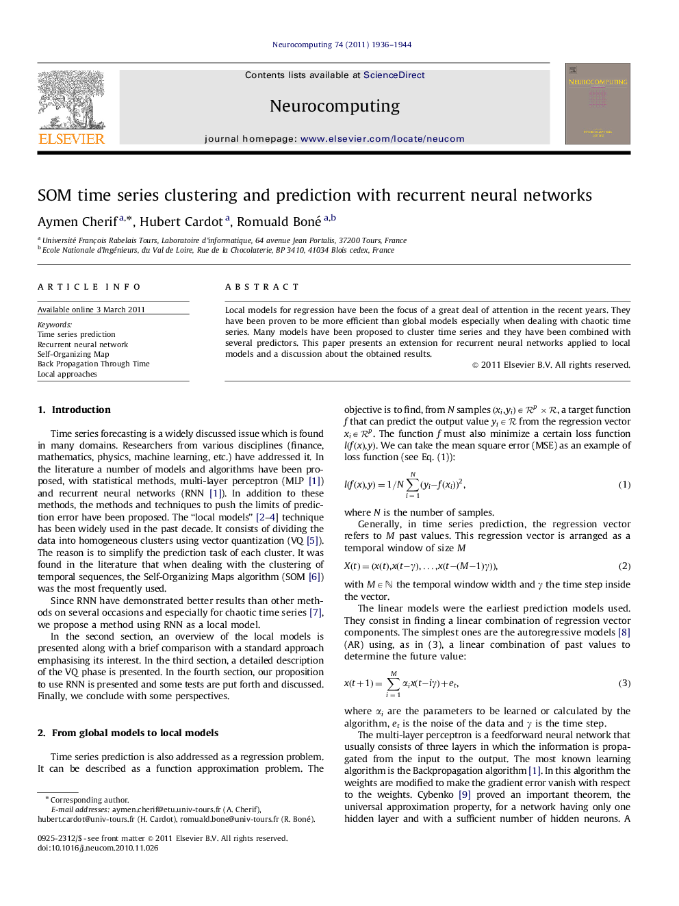 عکس صفحه اول مقاله: SOM time series clustering and prediction with recurrent neural networks SOM time series clustering and prediction with recurrent neural networks