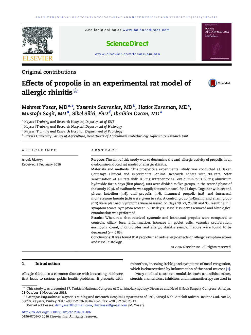 Effects of propolis in an experimental rat model of allergic rhinitis 