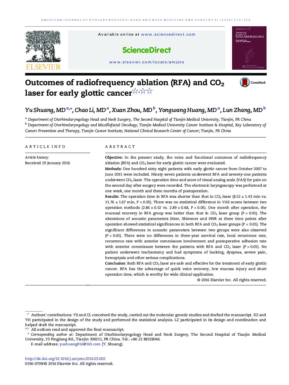 Outcomes of radiofrequency ablation (RFA) and CO2 laser for early glottic cancer 