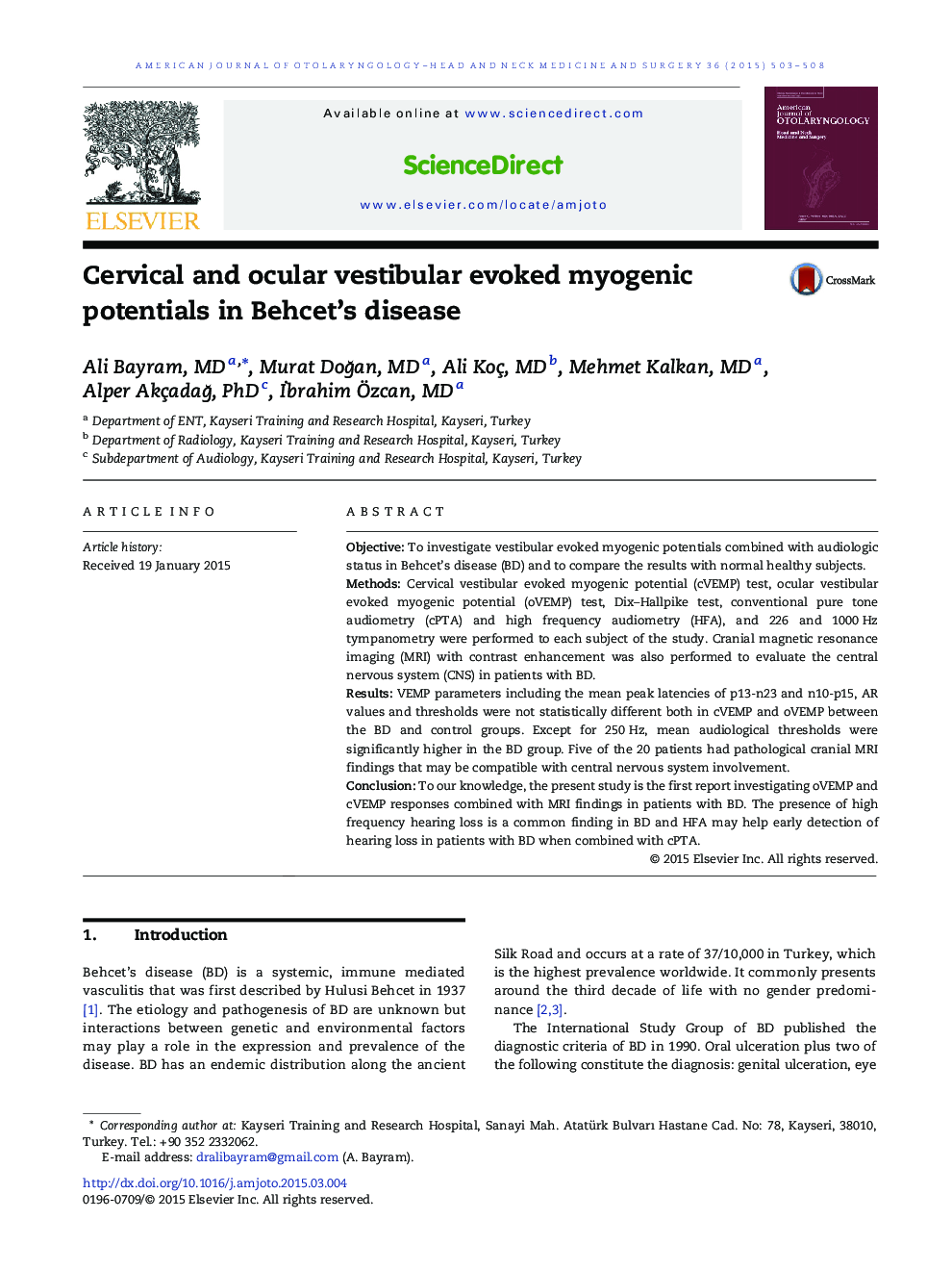 Cervical and ocular vestibular evoked myogenic potentials in Behcet’s disease