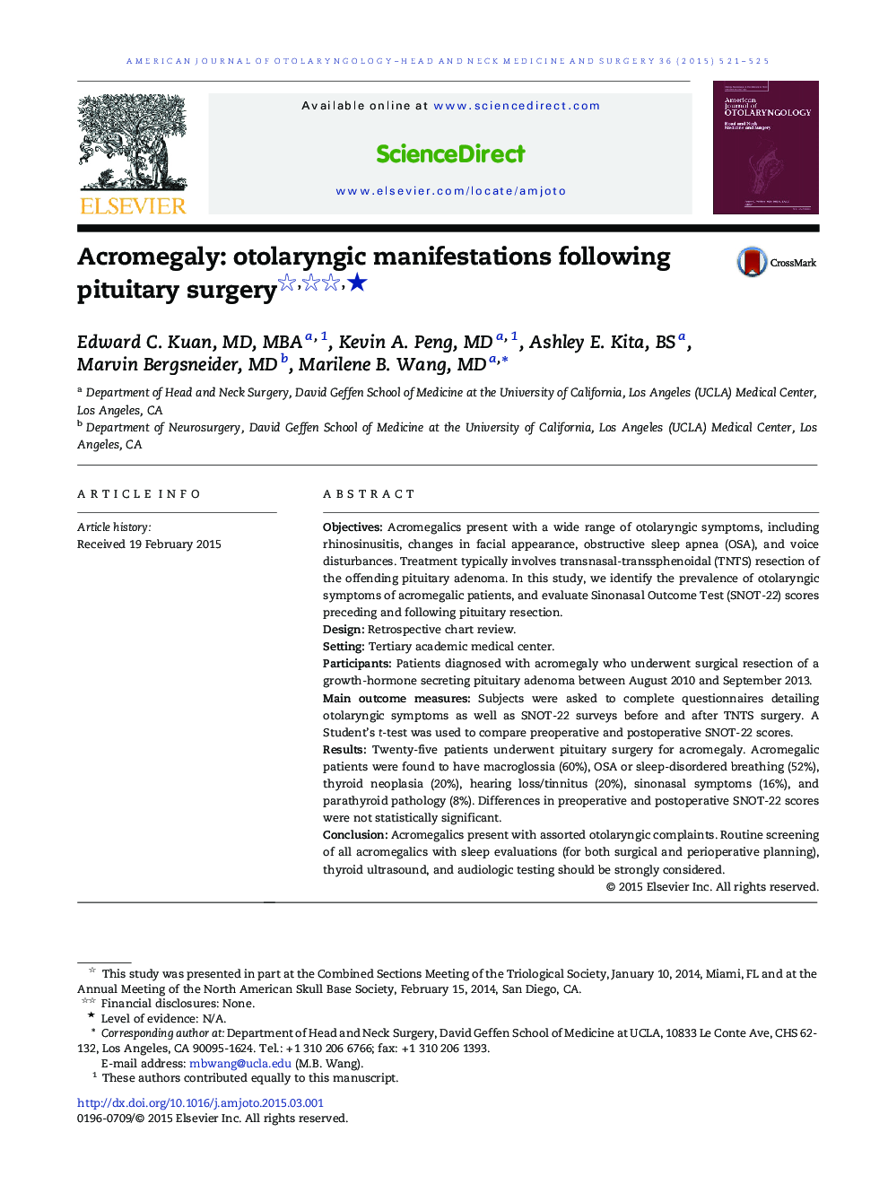 Acromegaly: otolaryngic manifestations following pituitary surgery ★