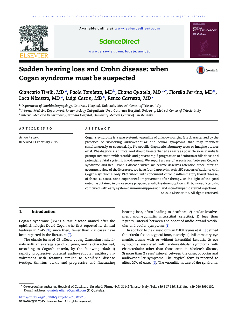 Sudden hearing loss and Crohn disease: when Cogan syndrome must be suspected