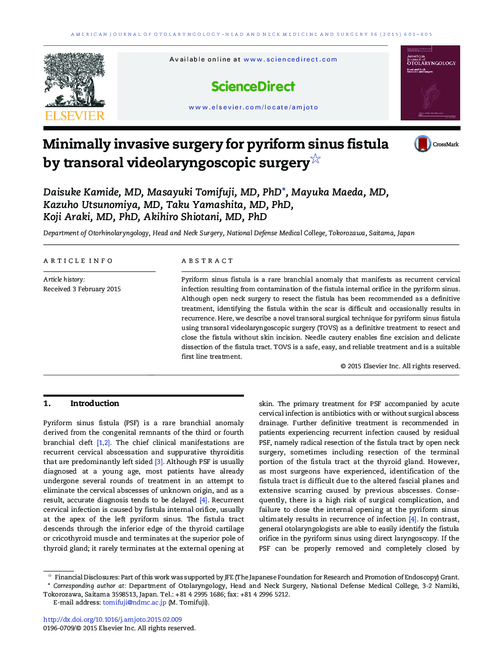 Minimally invasive surgery for pyriform sinus fistula by transoral videolaryngoscopic surgery 
