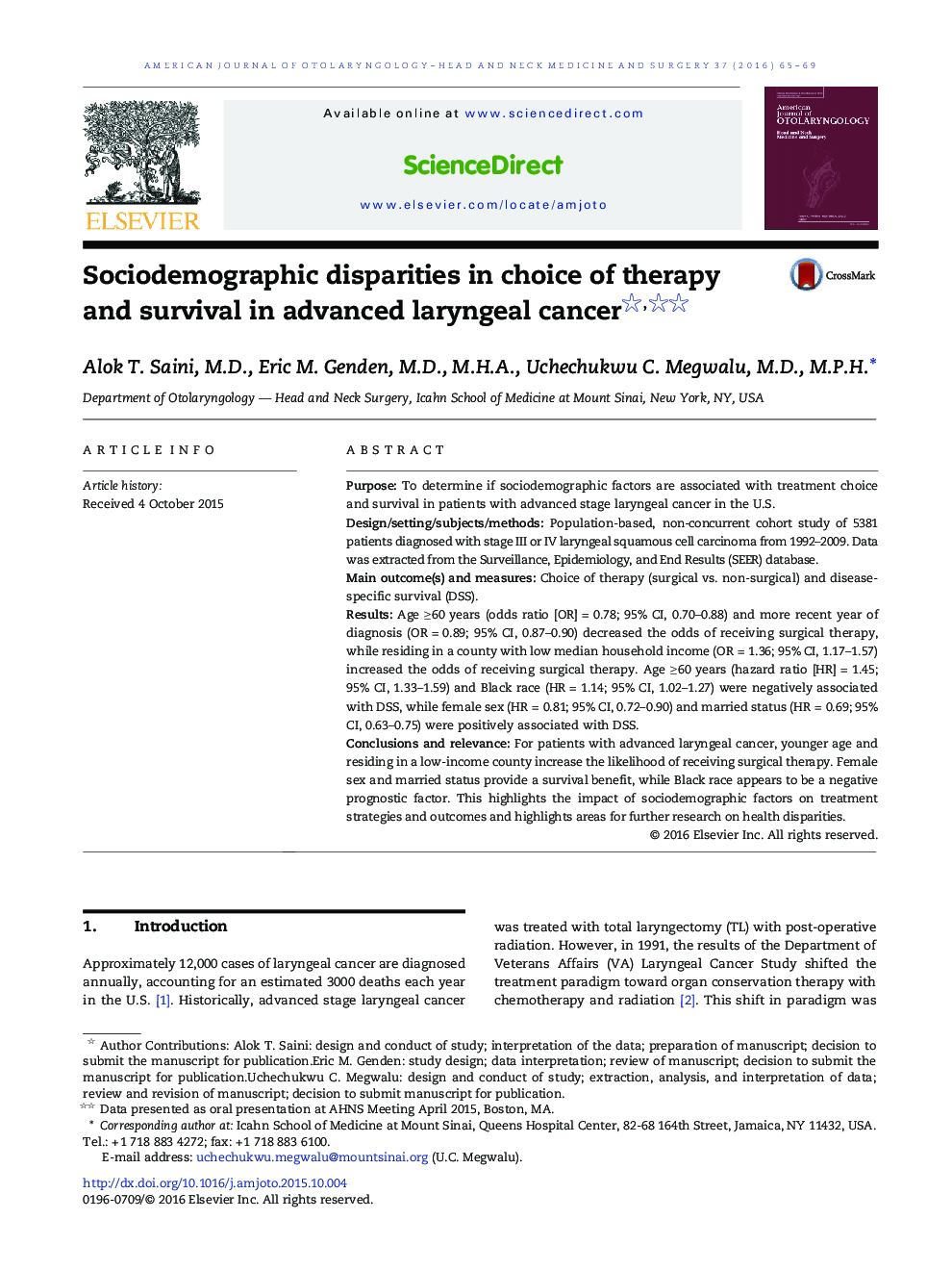 Sociodemographic disparities in choice of therapy and survival in advanced laryngeal cancer 