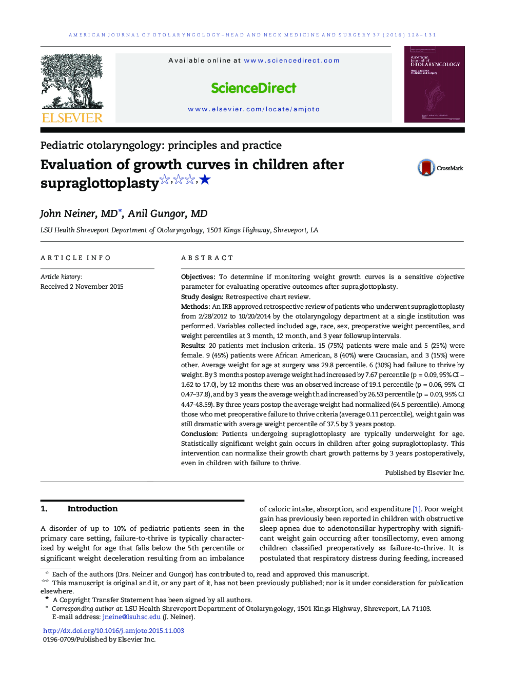 Evaluation of growth curves in children after supraglottoplasty ★