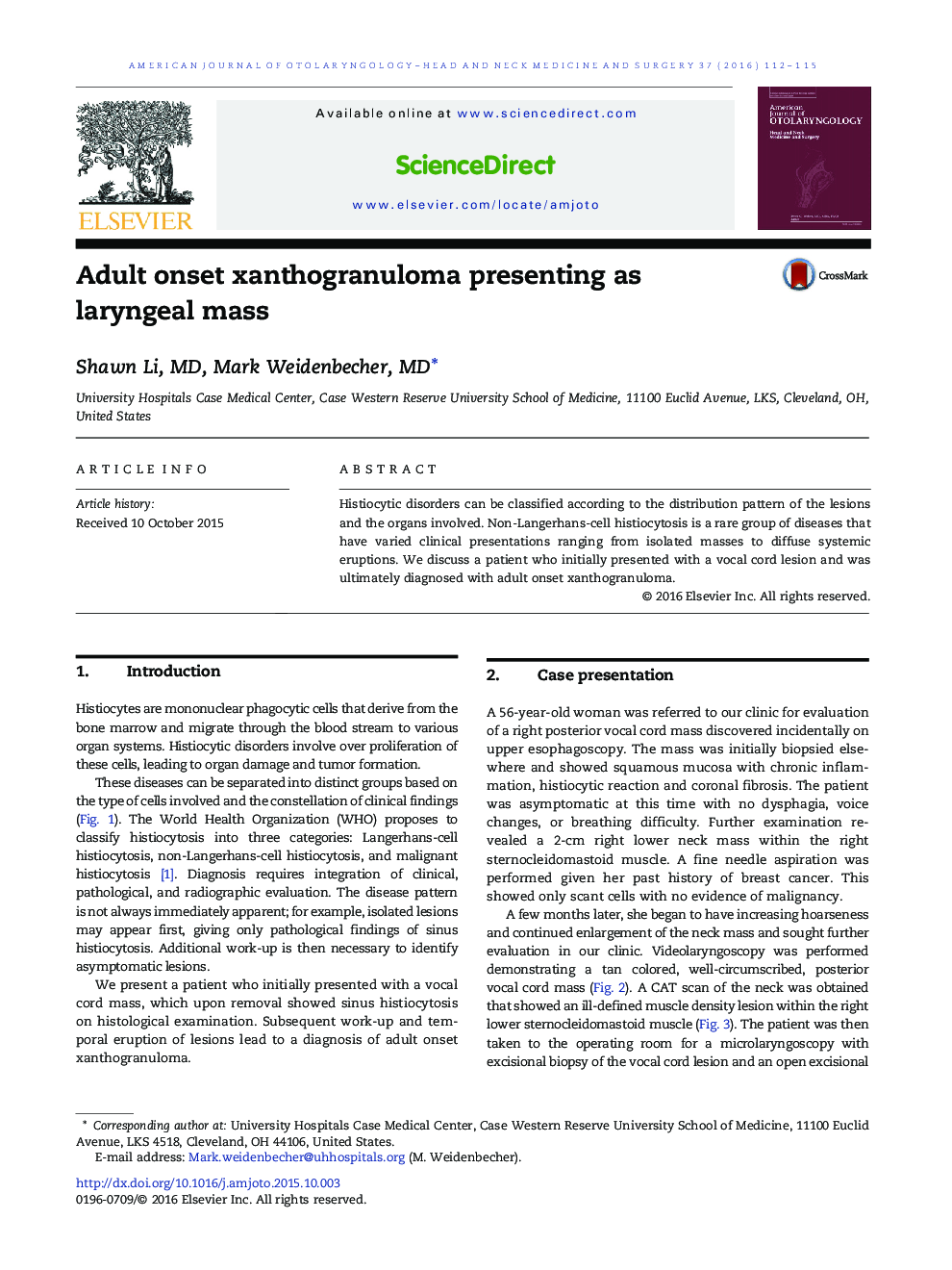 Xanthogranuloma شروع شده در بزرگسالان به عنوان توده حنجره‌ای