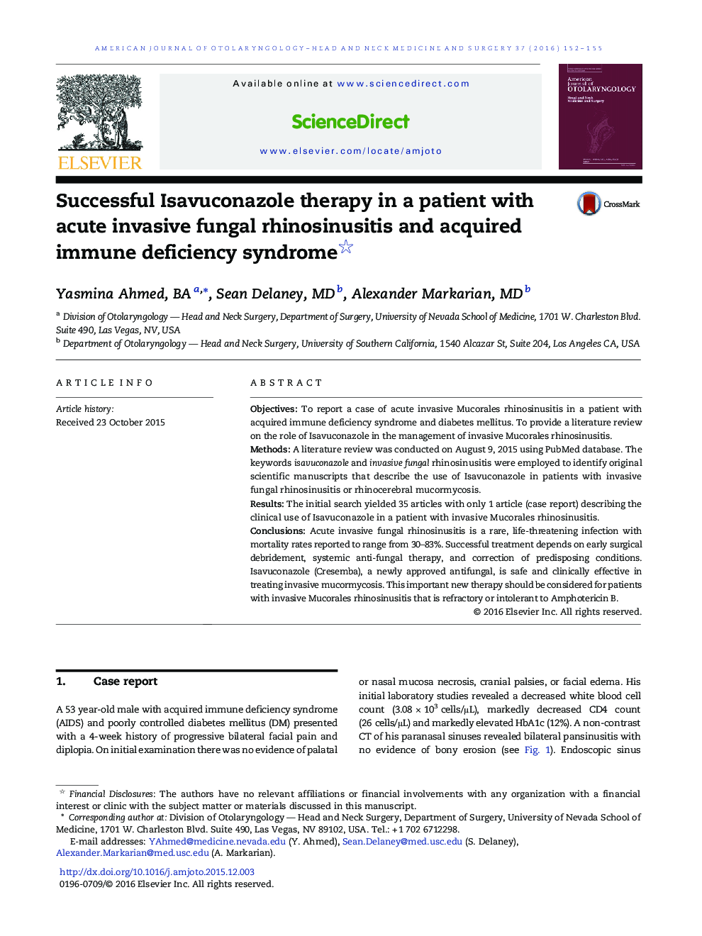 Successful Isavuconazole therapy in a patient with acute invasive fungal rhinosinusitis and acquired immune deficiency syndrome 