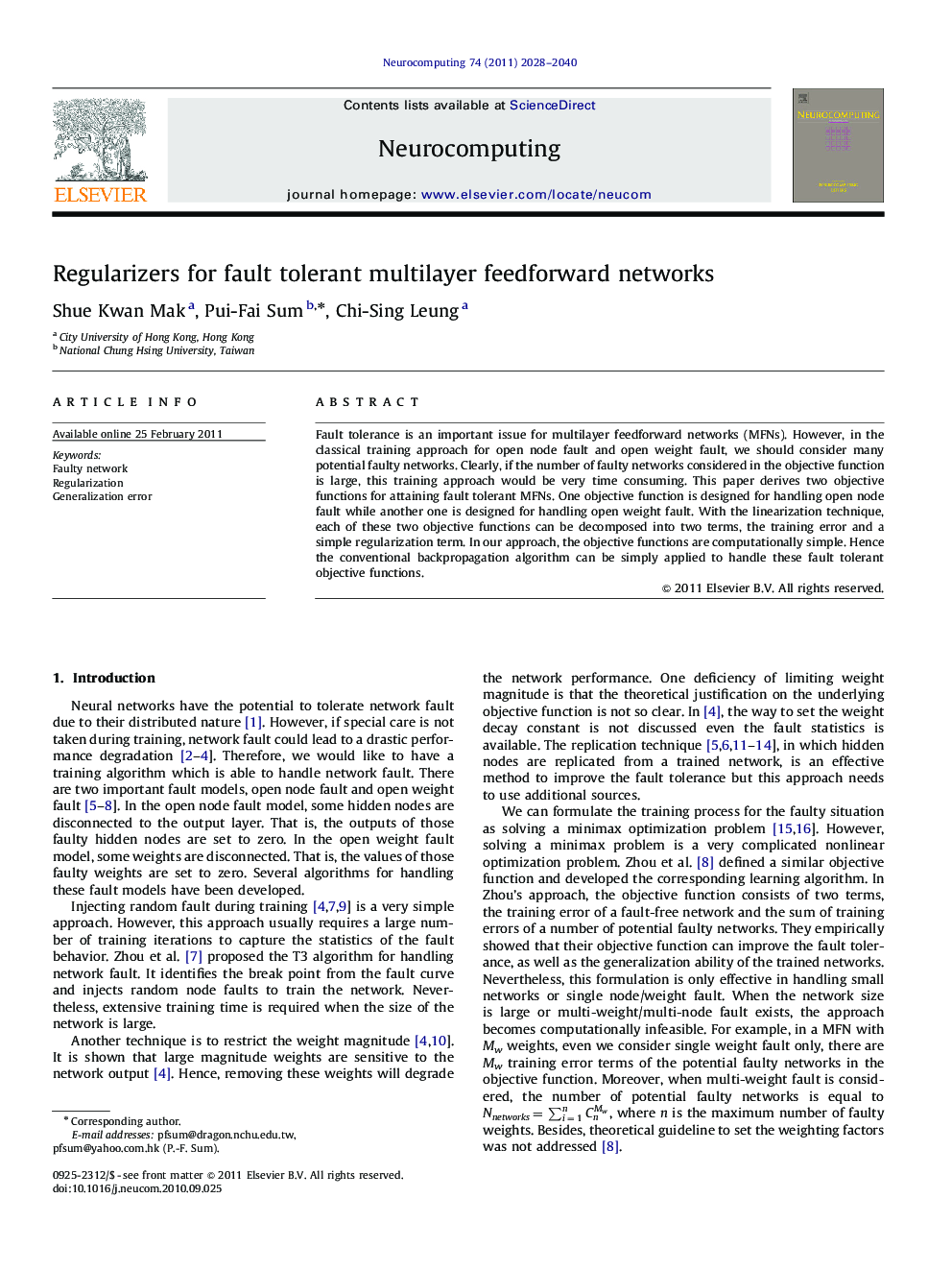 Regularizers for fault tolerant multilayer feedforward networks