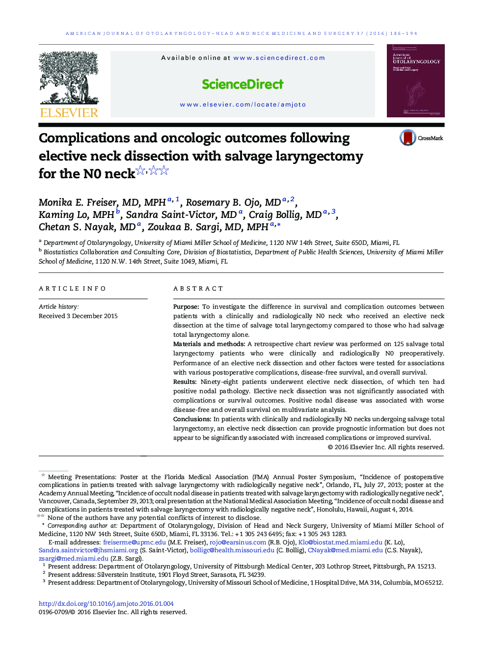 Complications and oncologic outcomes following elective neck dissection with salvage laryngectomy for the N0 neck 