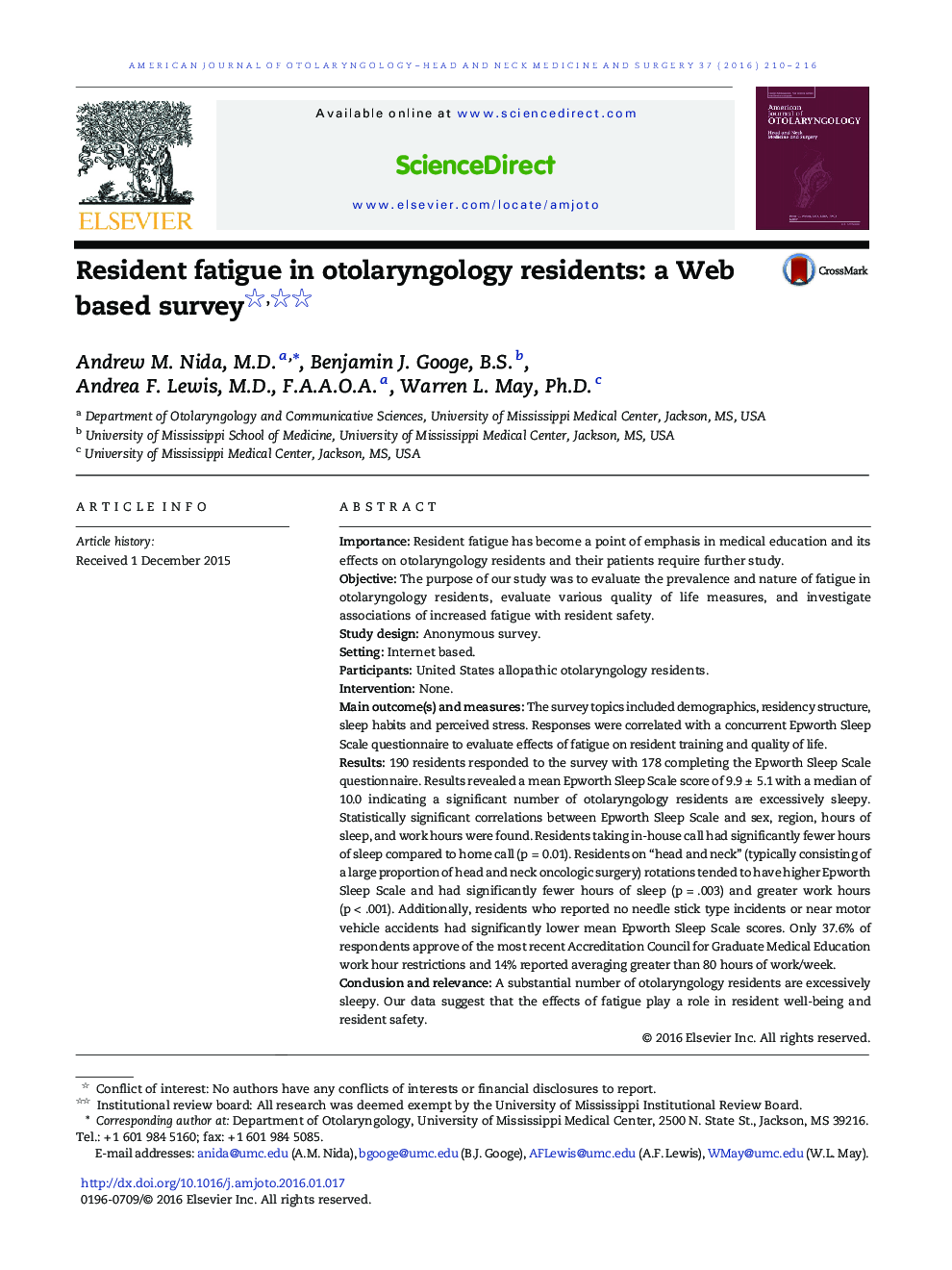 Resident fatigue in otolaryngology residents: a Web based survey 